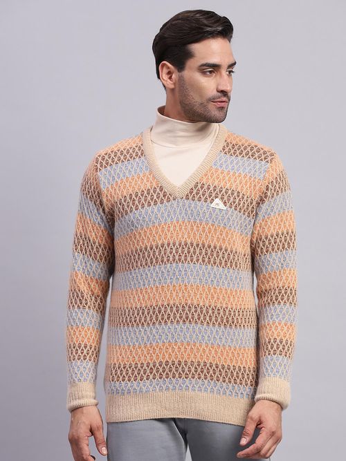 Monte Carlo Men's Light Camel V Neck Full Sleeves Pullover Sweater