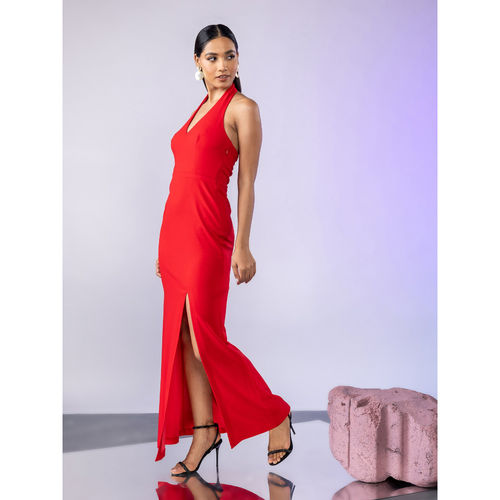 Buy Twenty Dresses by Nykaa Fashion Red Solid Halter Neck Front Slit Maxi  Dress Online