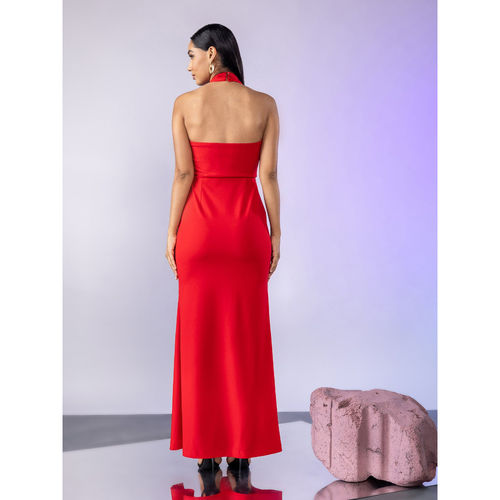 Buy Twenty Dresses by Nykaa Fashion Red Solid Halter Neck Front Slit Maxi  Dress Online