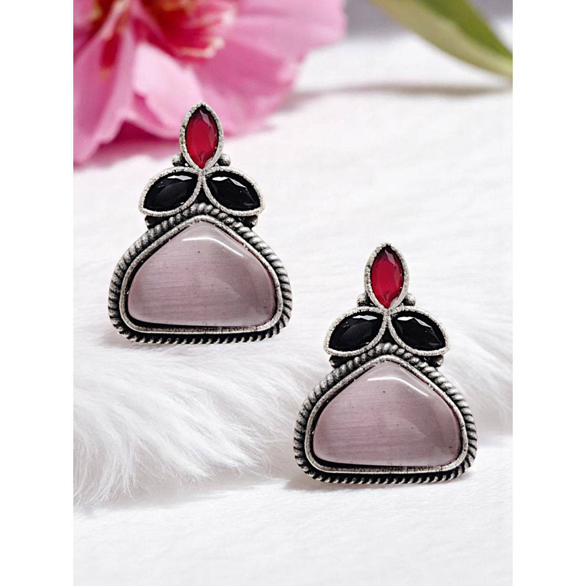 OOMPH Pink and Red Monalisa Stone Silver Oxidised Drop Earrings for Women