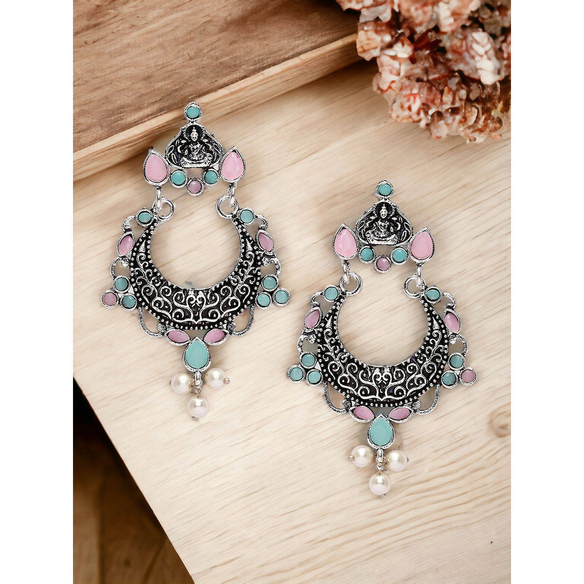 OOMPH Oxidised Silver Chandbali Laxmi Floral Shape Green and Pink Stones Earrings