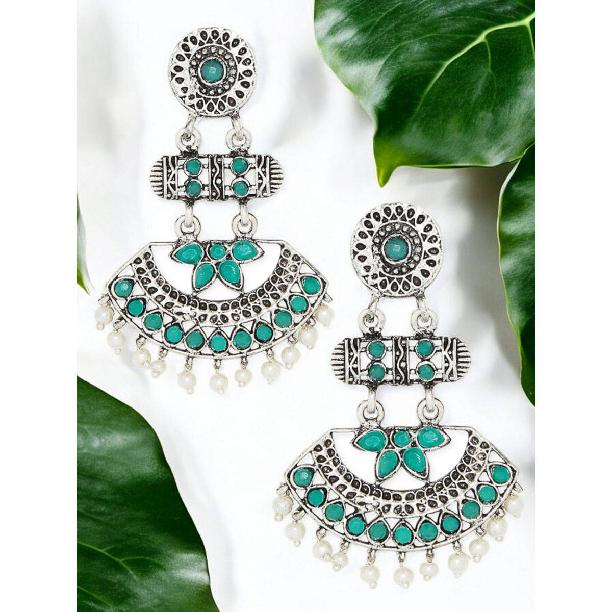 OOMPH German Oxidised Silver with Green Stone and White Pearls Peacock Design Drop Earrings
