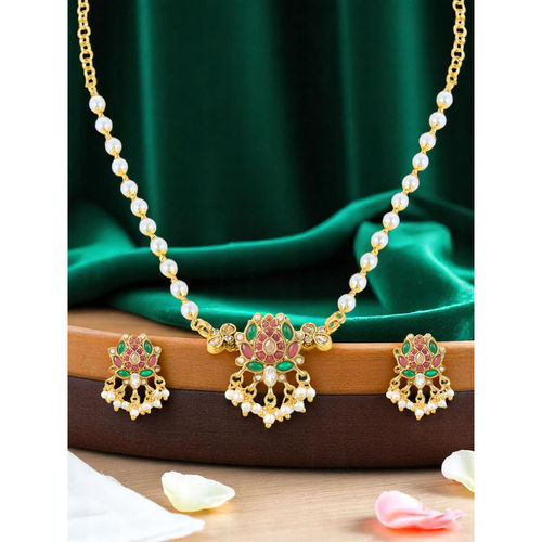 OOMPH Ruby and Green Lotus Necklace Delicate Design Pearl Mala with Earrings