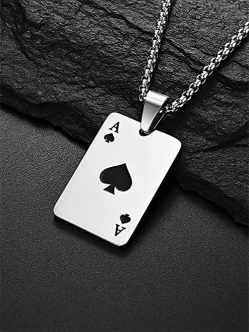 OOMPH Silver Tone Ace of Spade Design Fashion Necklace for Men