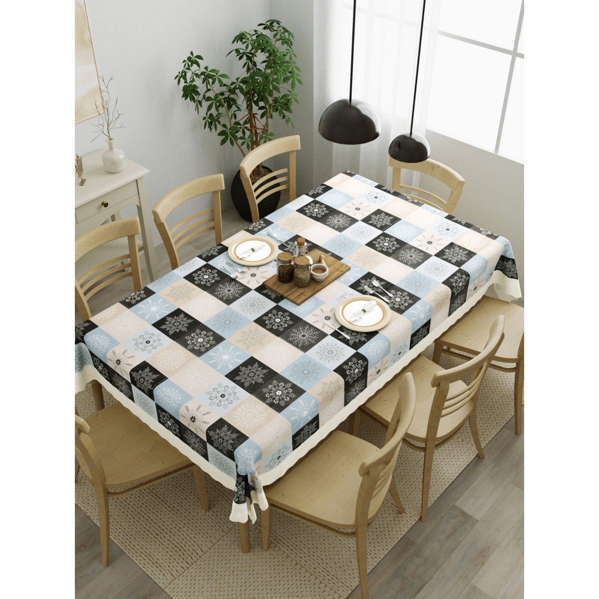 Buy The Home Story Dining Table Cover Grey, Blue & Beige Checks (8 Seater) Online