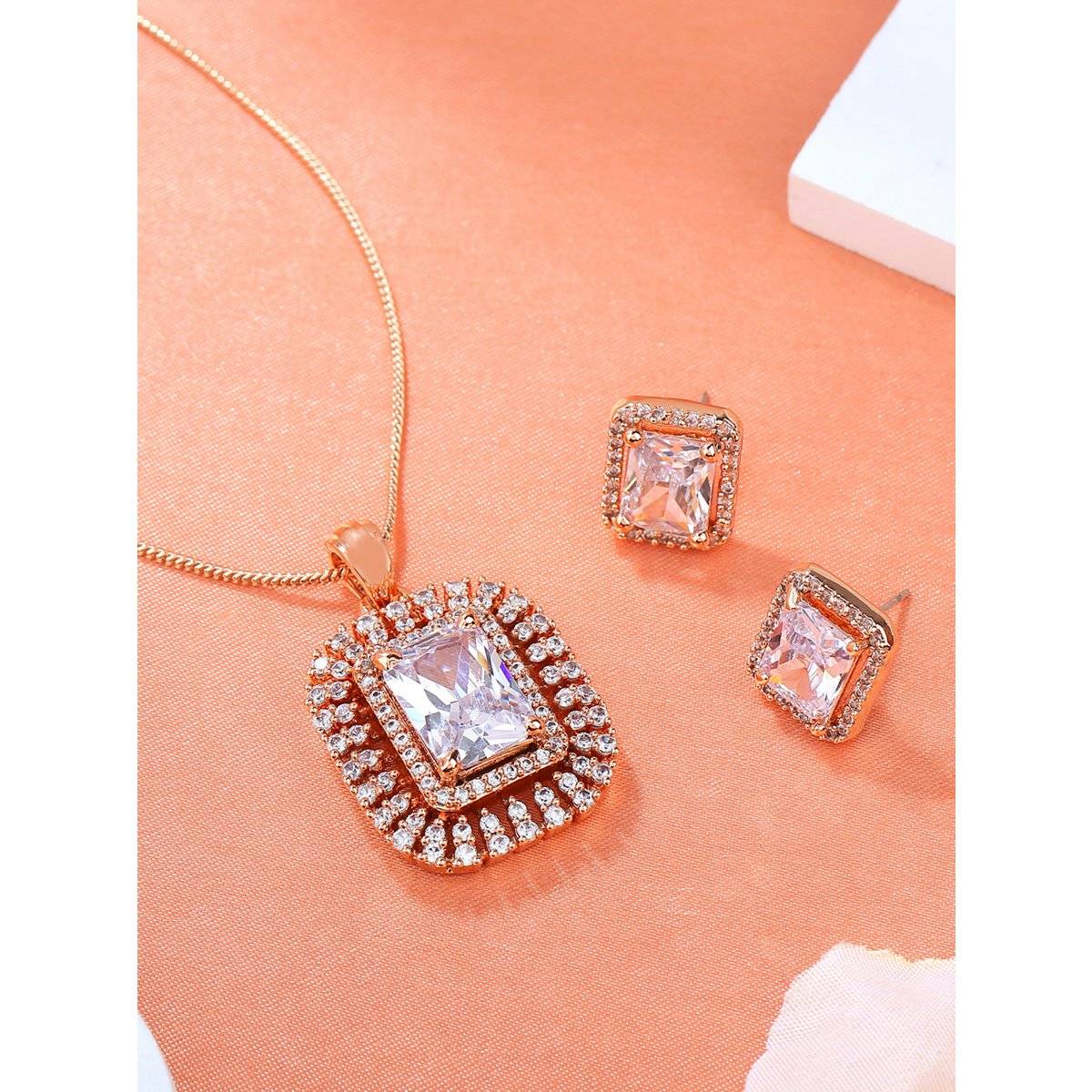 Estele Rose Gold Plated CZ Shinning Square Designer Pendant Set with White Stones for Women