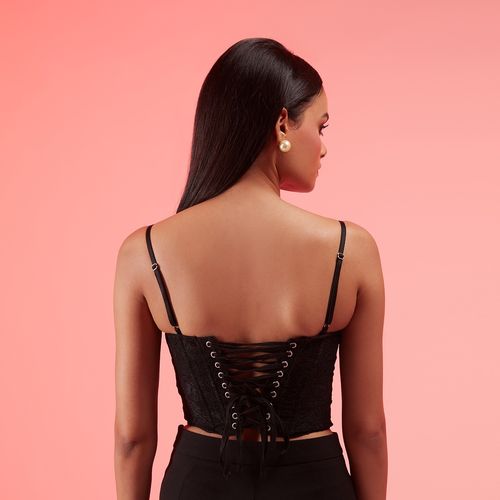 RSVP by Nykaa Fashion Black Lace Tie Up Corset Top (XS)