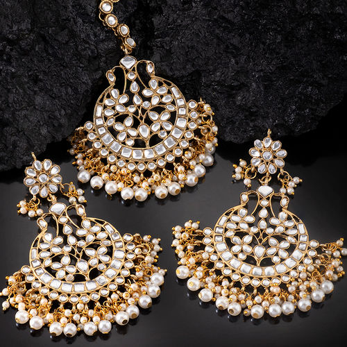 Buy Peora Gold Plated Kundan Pearl Chandbali Earrings With Maang