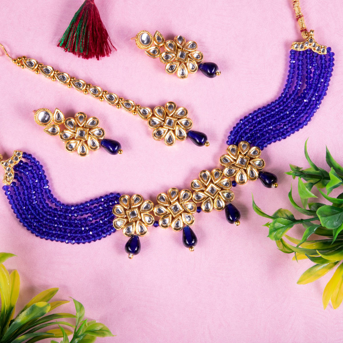 Anika's Creations Traditional Gold Plated Floral Blue Beads Hasli With Earrings And Maangtika