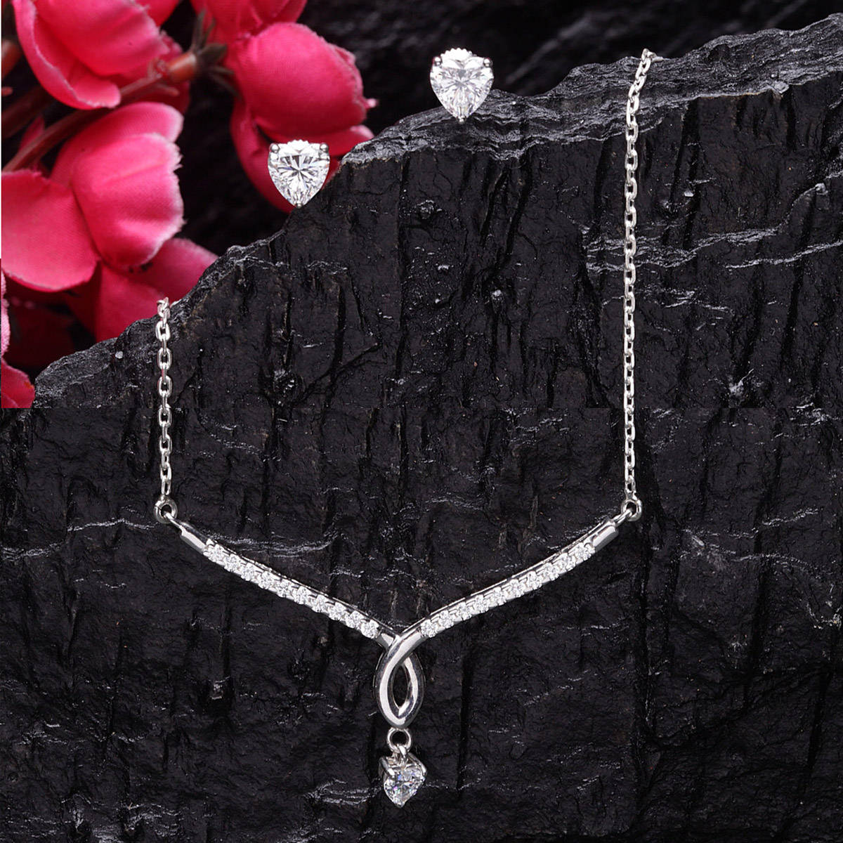 CLARA Sterling Silver Rhodium Plated Mila Pendant Earring Necklace Set With Chain Gift for Women