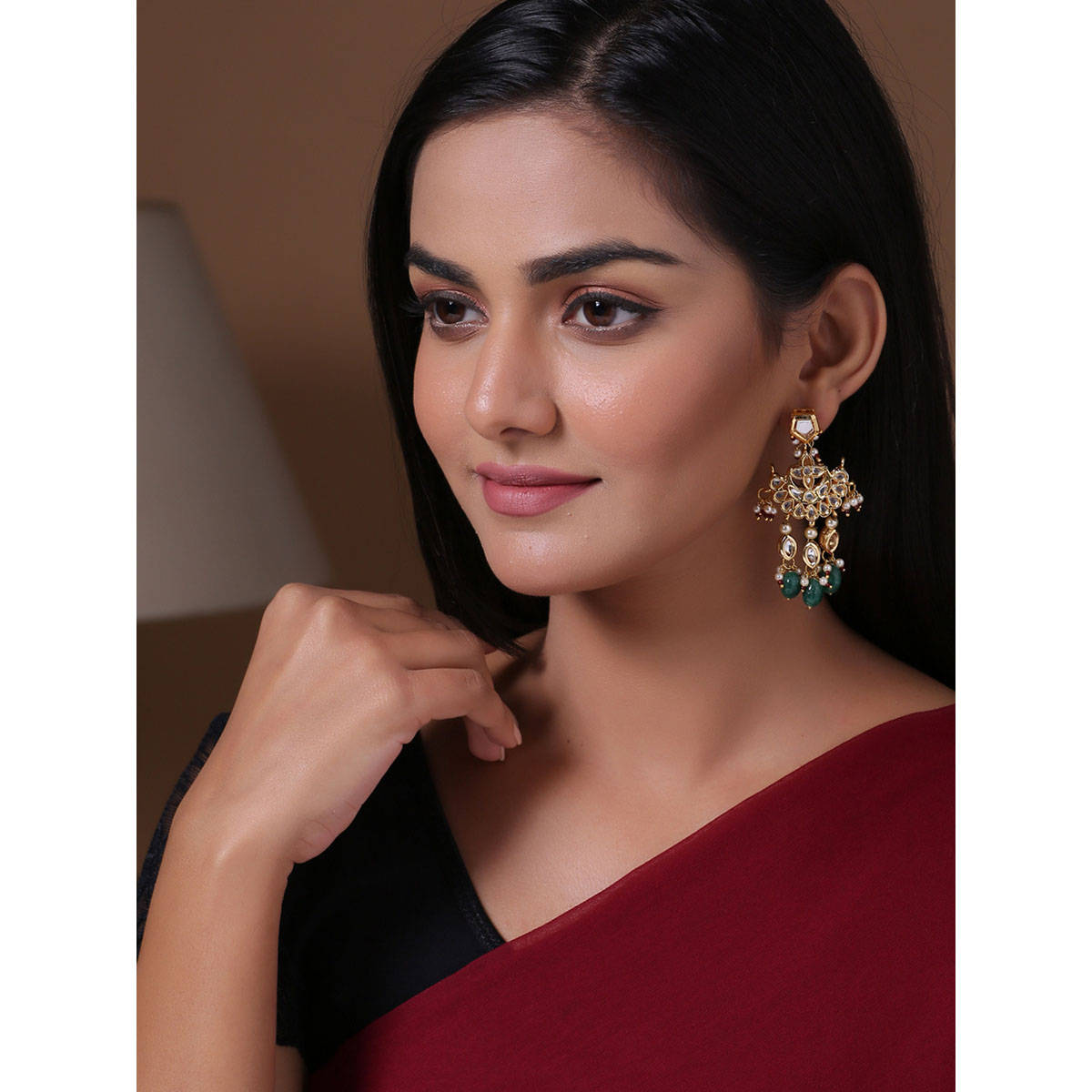 Shoshaa Green Gold-Plated Kundan Drop Earrings