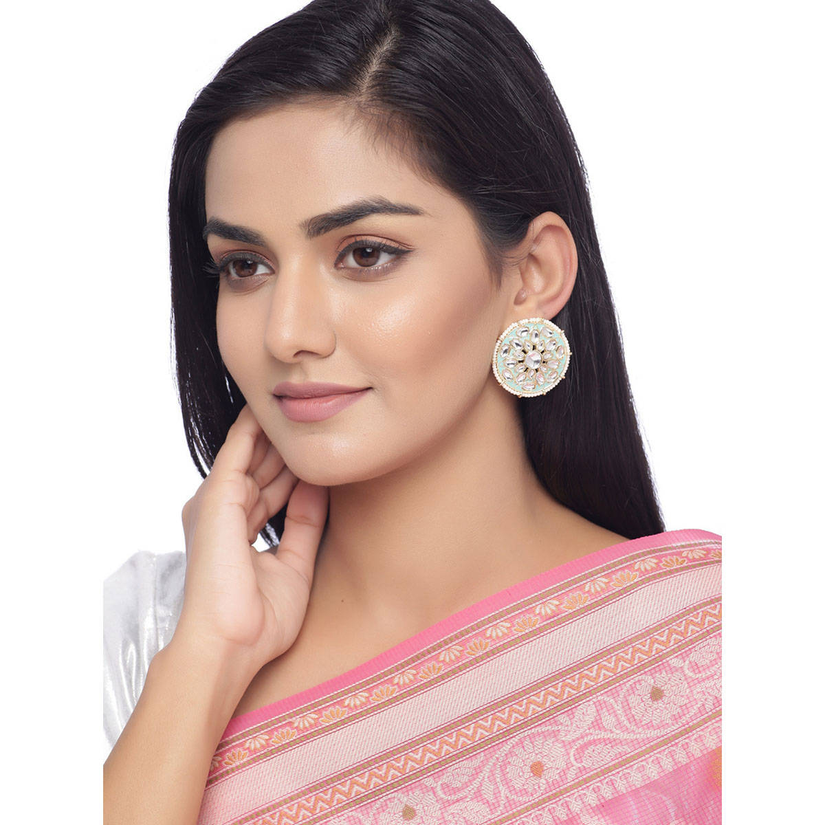 Shoshaa Sea Blue Gold-Toned Kundan Circular Studs