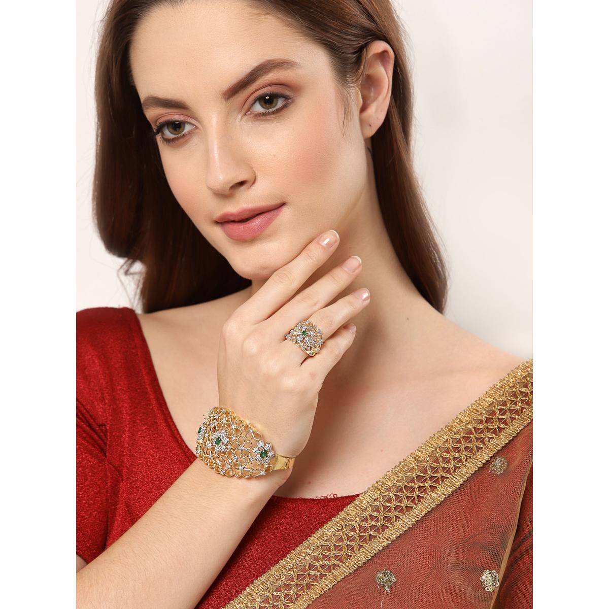 ZENEME Green & White Gold Plated AD Studded Celebrity Inspired Kada with Ring