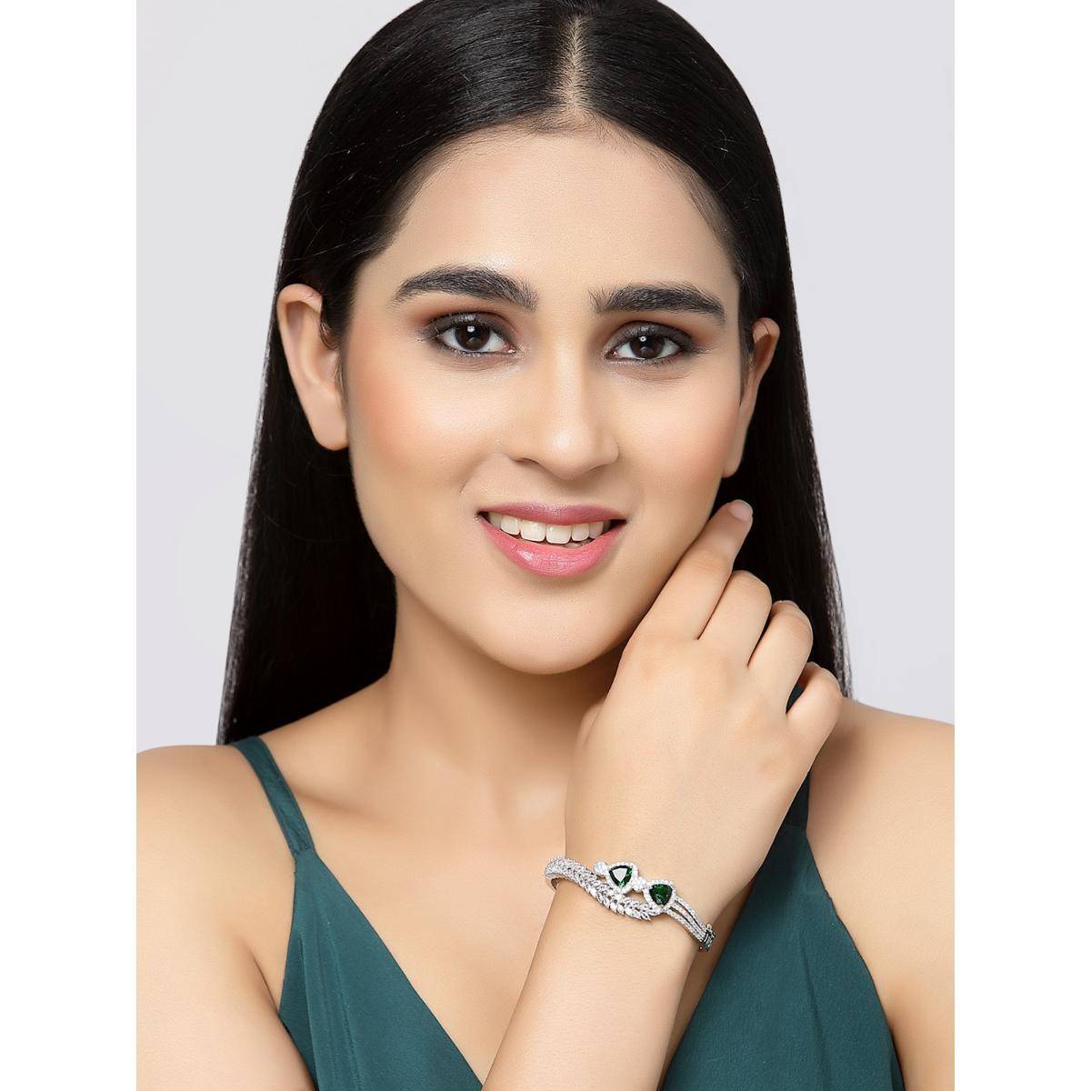 ZENEME Green Rhodium-Plated Silver American Diamond Leaf Kada Bracelet
