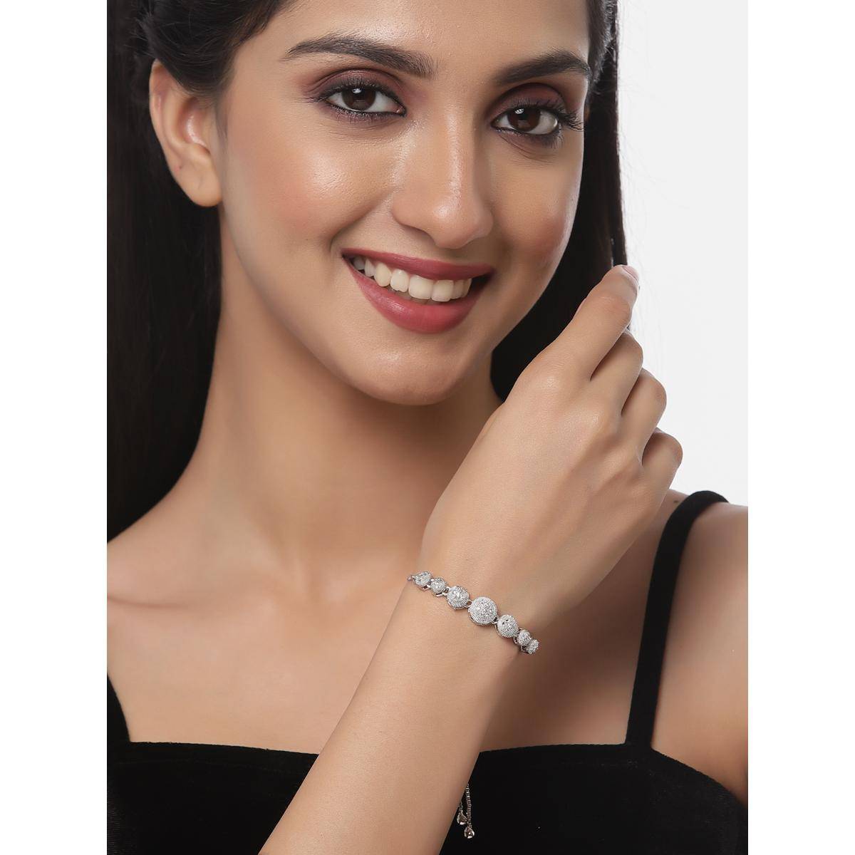 ZENEME Silver Rhodium Plated American Diamond Studded Adjustable Link Bracelet
