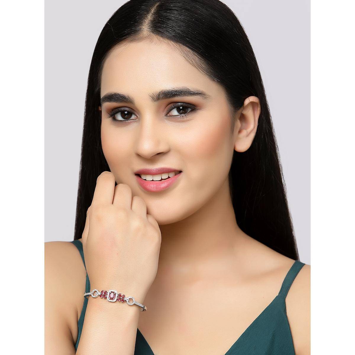 ZENEME Red Rhodium-Plated Silver Toned American Diamond Crystal Kada Bracelet