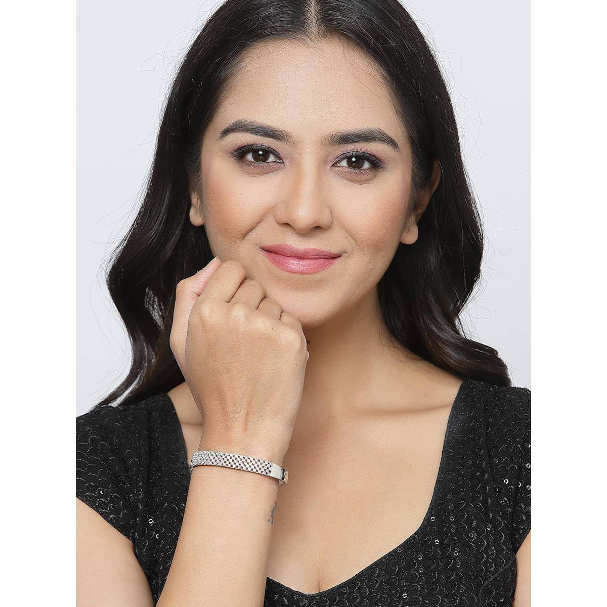 ZENEME White Rhodium-Plated Silver Toned American Diamond Studded Bracelet