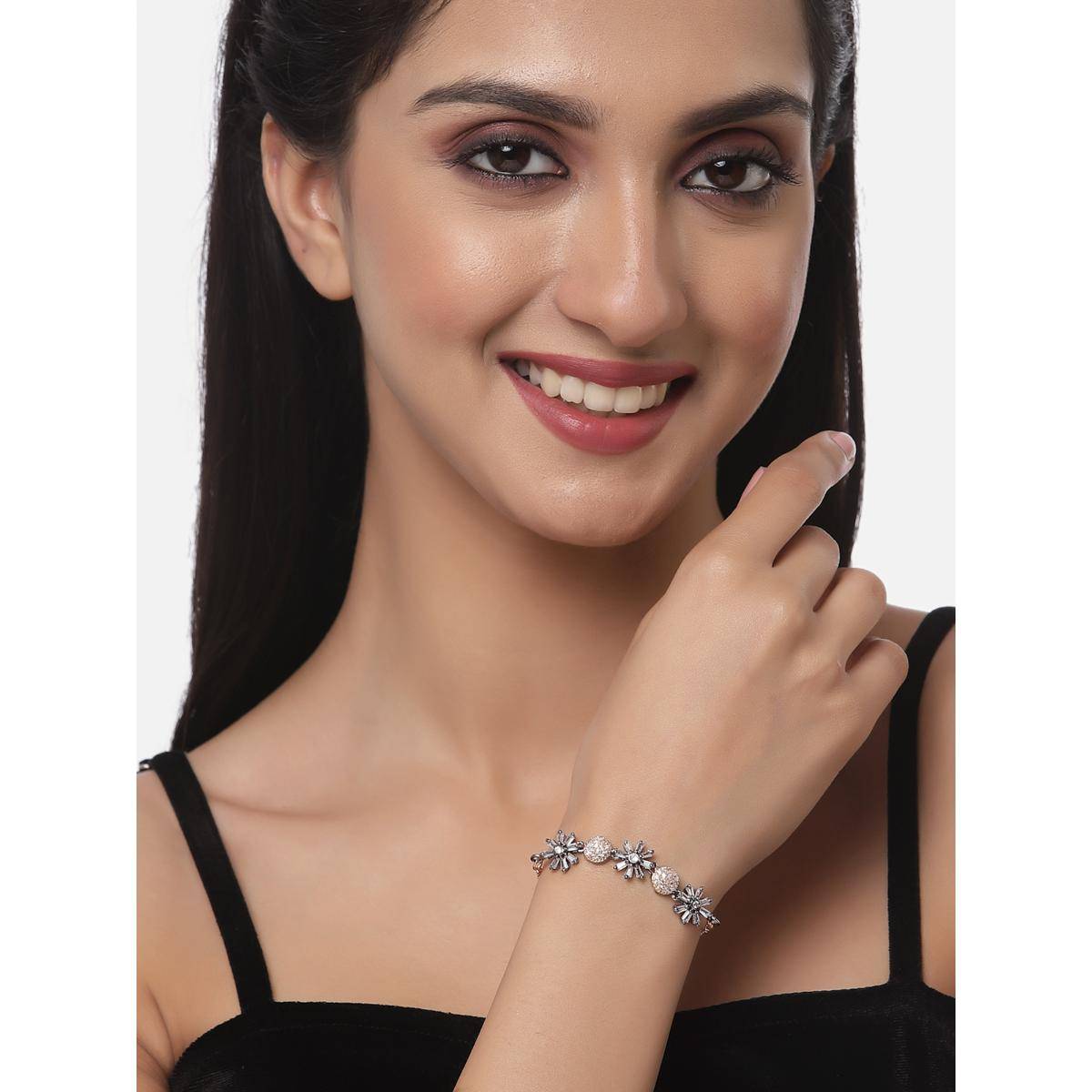 ZENEME Rose Gold Plated Gunmetal Toned Crystal AD Studded Adjustable Link Bracelet