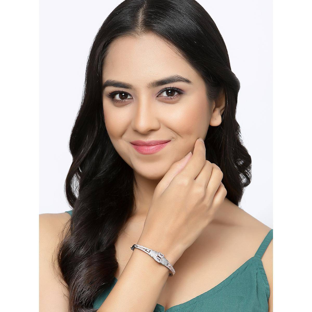ZENEME White Rose Gold Plated Gunmetal Toned Crystal American Diamond Bracelet