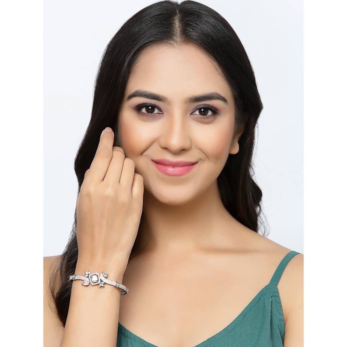 ZENEME White Rose Gold Plated Gunmetal Brass Crystal AD Bracelet