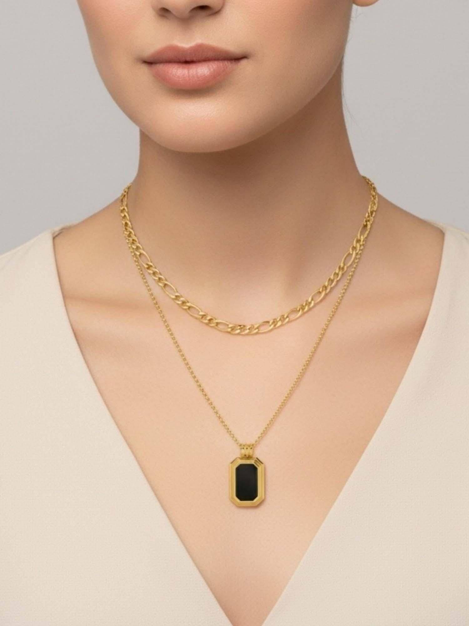 RACHIVA 18K Gold Plated Black Octagon Layered Necklace