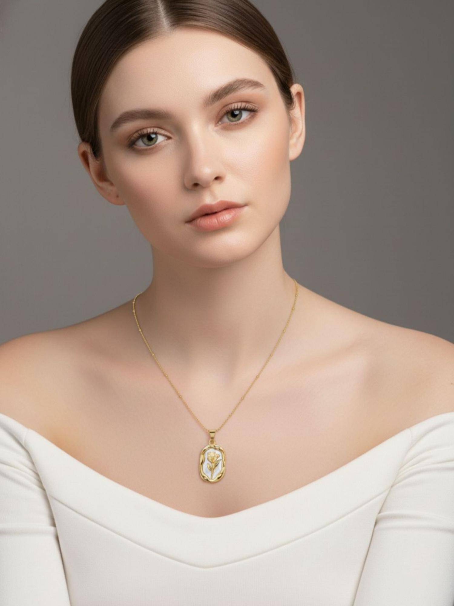 RACHIVA 18K Gold Plated Rose Engraved White Pearl Pendant Necklace