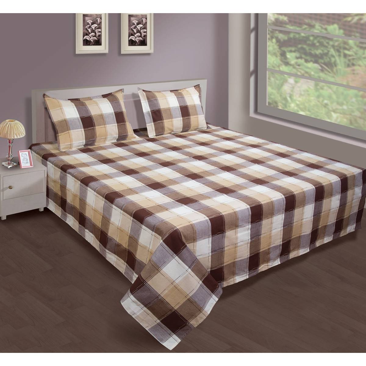 SHADES OF LIFE Cotton Double Bed-Sheet-Bed Cover (90"X100") With 2Pc Pillow Covers (25"X16")-Beige
