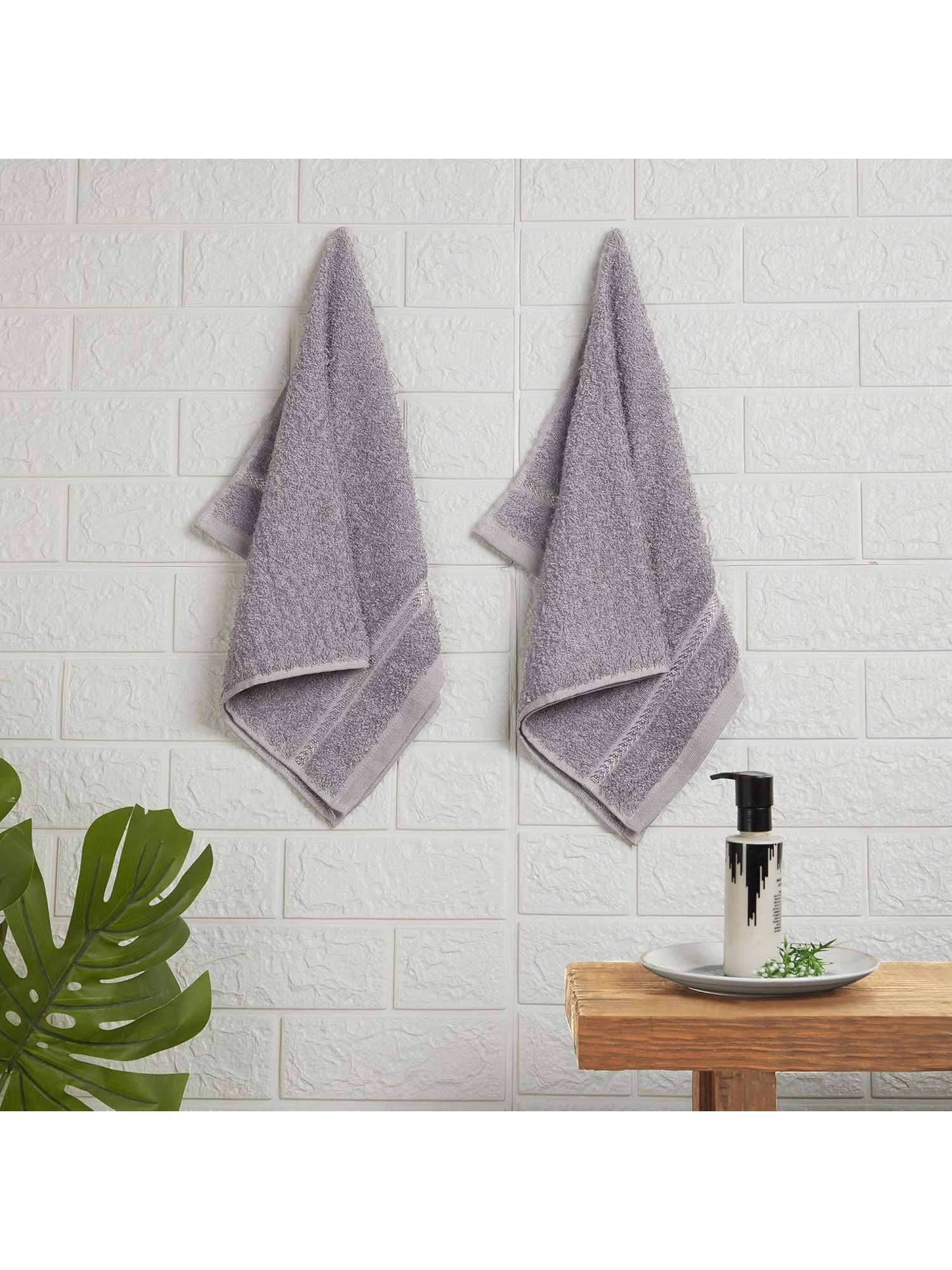 Welspun Grey Quik Dry Cotton 380 Gsm Dobby Weave Plain Hand Towels (Pack of 2)