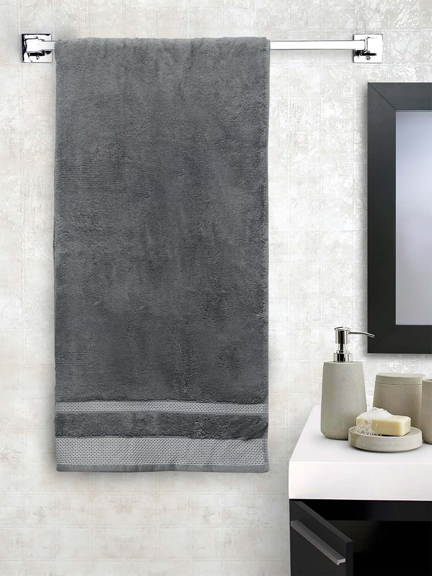 SPACES Grey Hygro Cotton 600 Gsm Dobby Weave Solid Premium Bath Towel