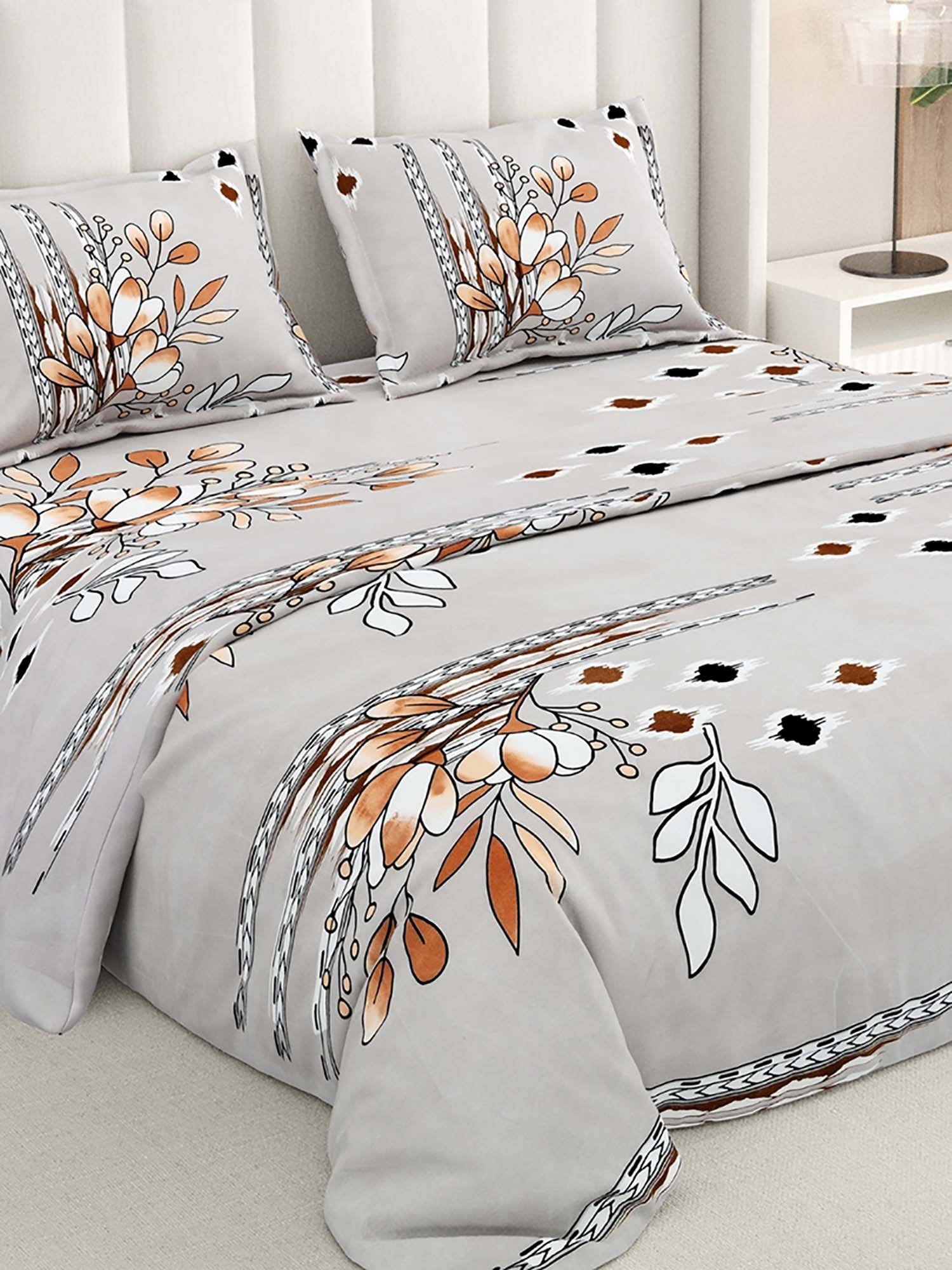 RIVERMOOR Beige Ultrasoft Floral Bedsheet with 2 Pillow Covers (Double)