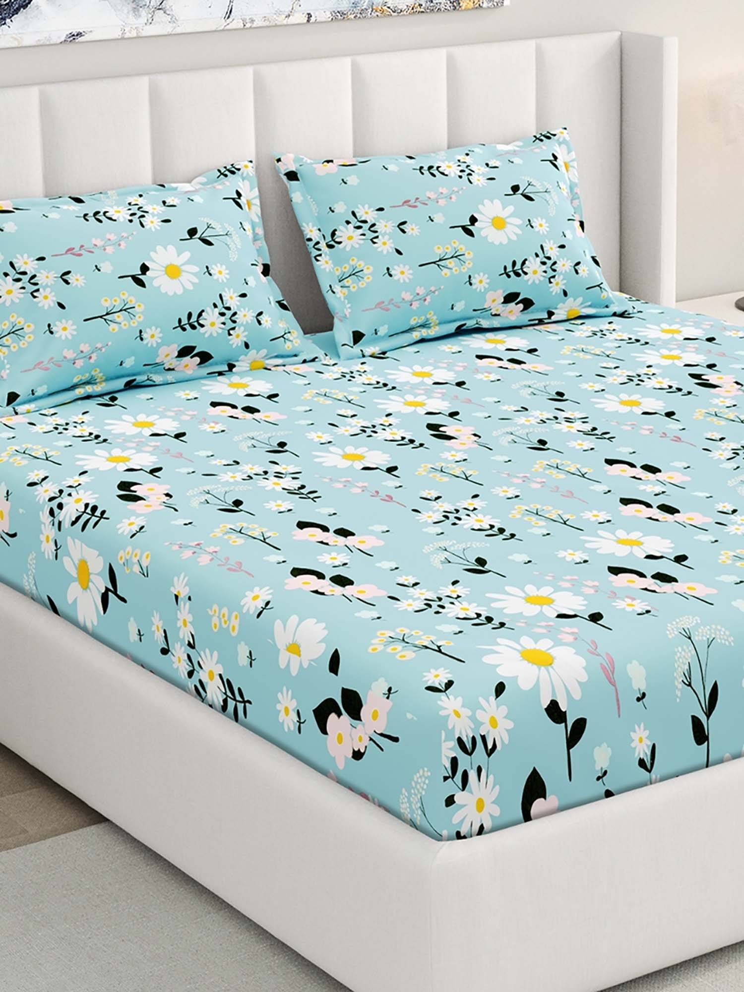 RIVERMOOR Blue Ultrasoft Floral Fitted Bedsheet with 2 Pillow Covers (Double)
