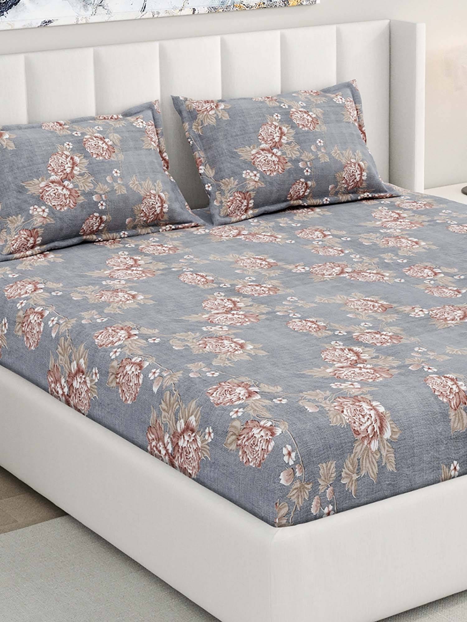 RIVERMOOR Grey Ultrasoft Floral Fitted Bedsheet with 2 Pillow Covers (Double)
