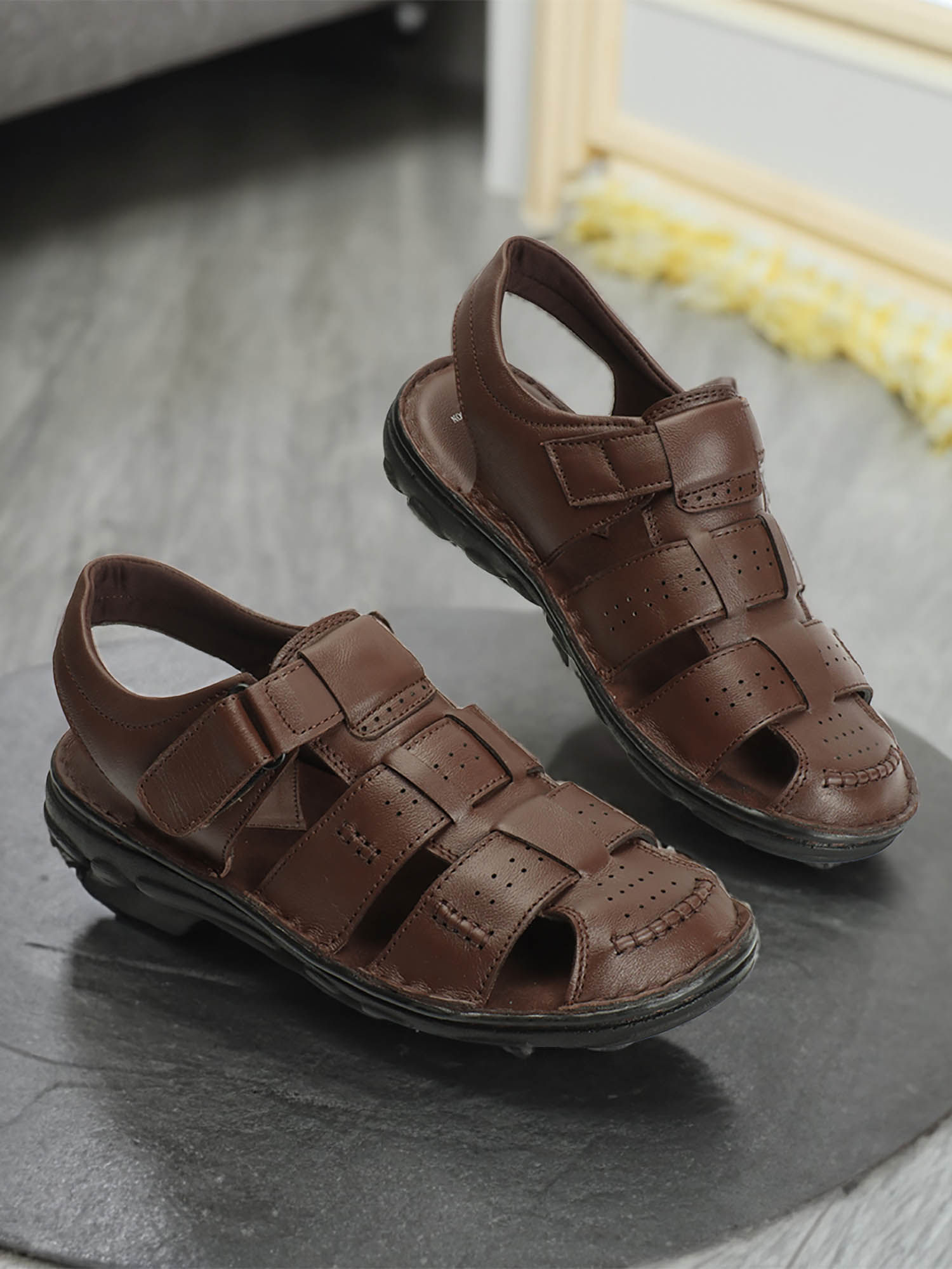 Hunters Bay Men's Fisherman Leather Sandals Shoes Color Brown Size 11 Hook  & Loo | eBay