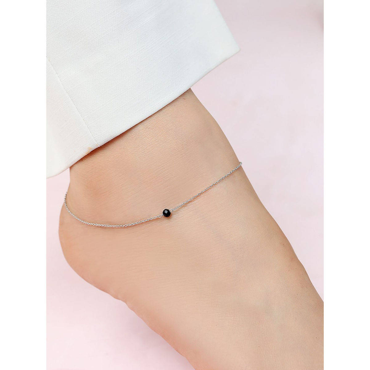 Zavya Chic Black Bead Rhodium Plated 925 Sterling Silver Adjustable Link Chain Anklet