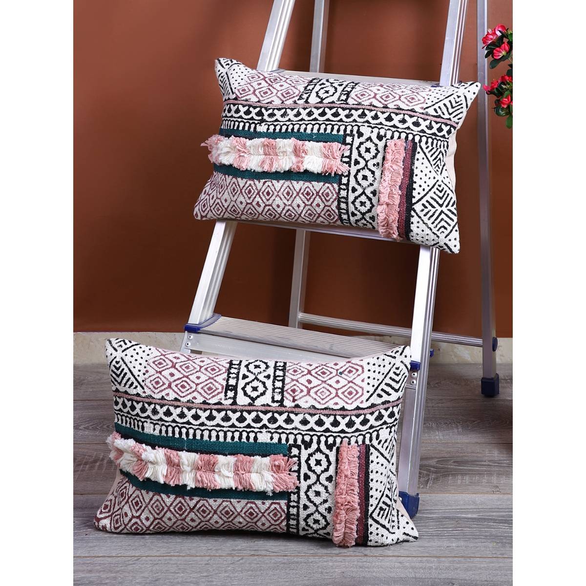 eyda Hand Block Printed Multi Color Cushion Cover Set Of 2-12X20 Inch