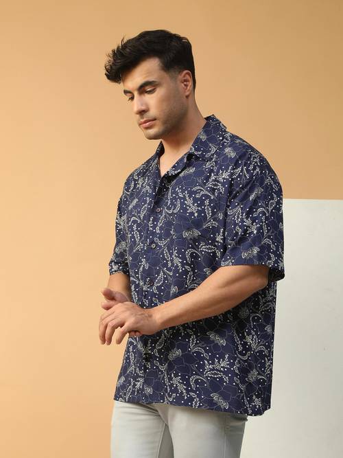 Chemise Homme Manches Courtes, Taille L, Bleue, Motif Design Inde - Neuve Sans étiquette
