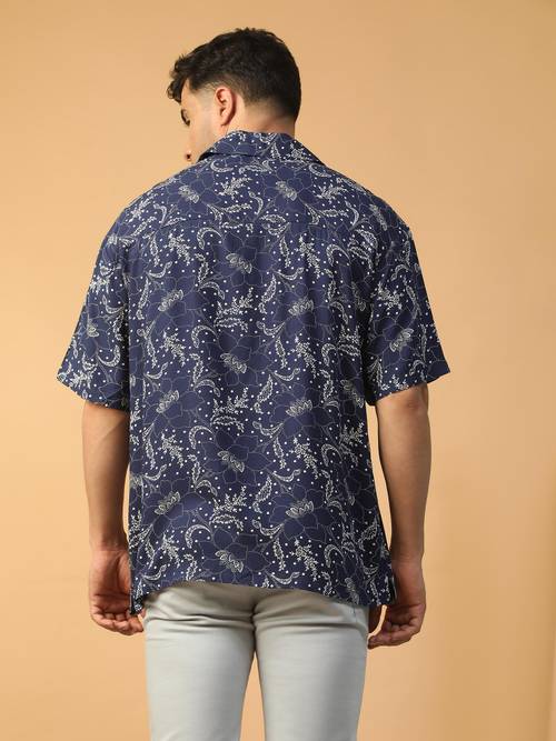Chemise Homme Manches Courtes Bleue à Motif Inde - Taille L - Col Classique - Légère - Neuf Sans étiquette