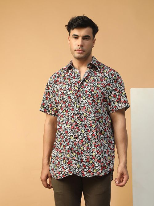 Oxolloxo Men Multicolor Floral Print Collared Short Sleeve Button Down  Oversized Shirt