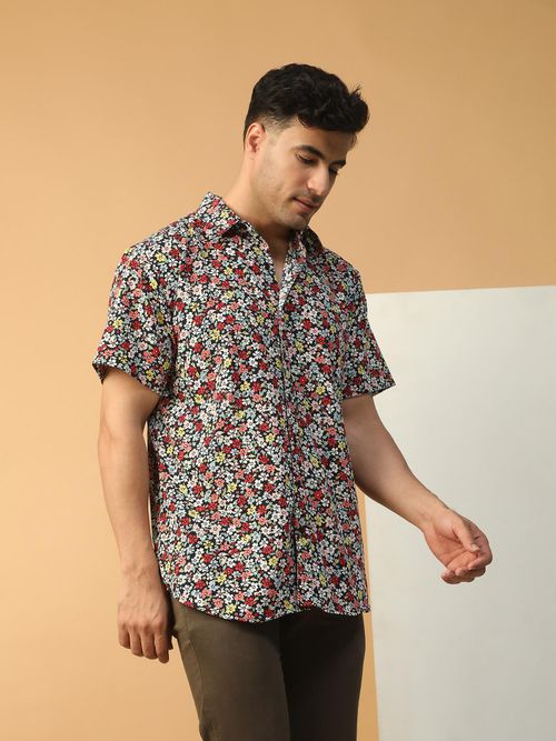 Oxolloxo Men Multicolor Floral Print Collared Short Sleeve Button Down  Oversized Shirt