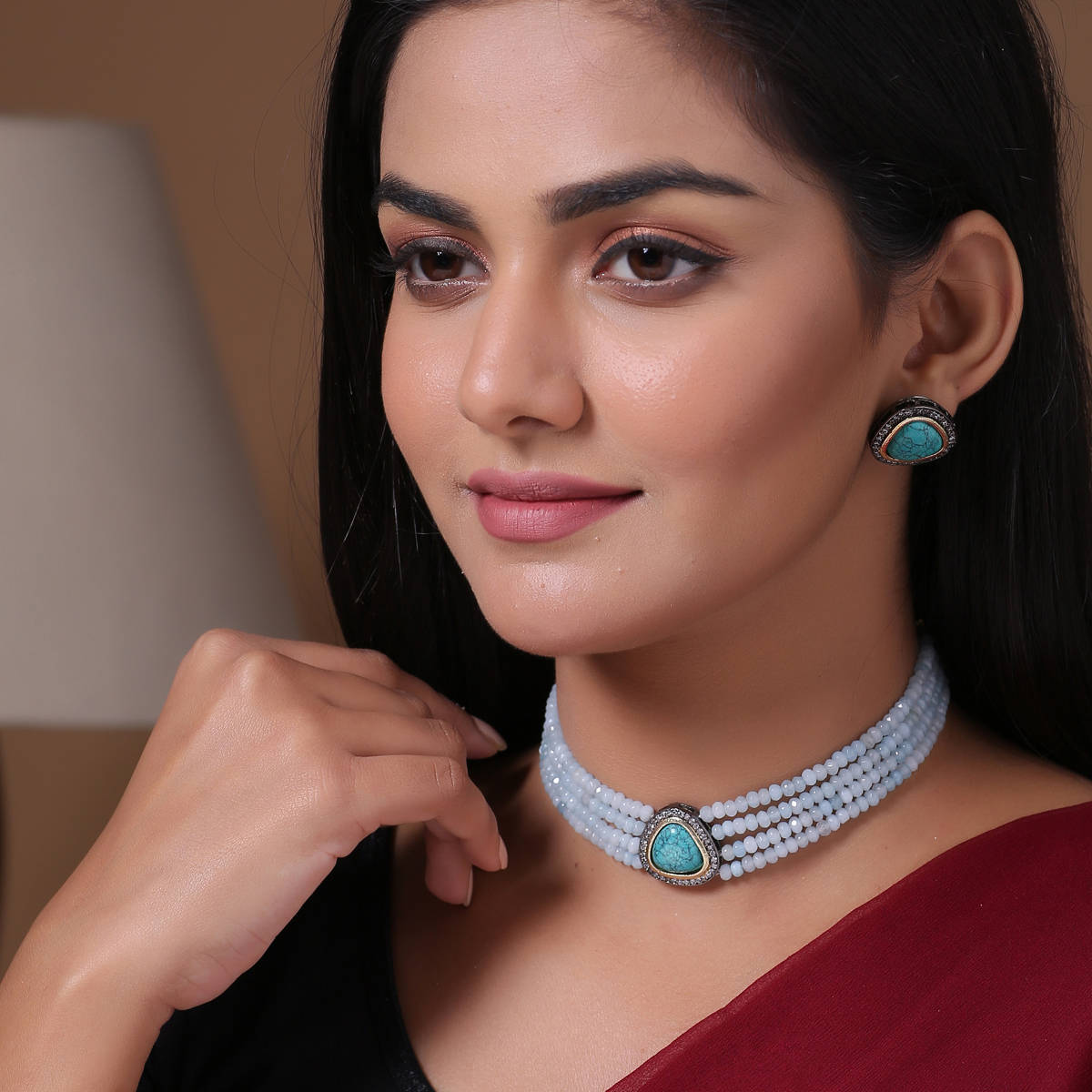 SHOSHAA Gold Grey Ethnic Onyx Necklace And Earrings
