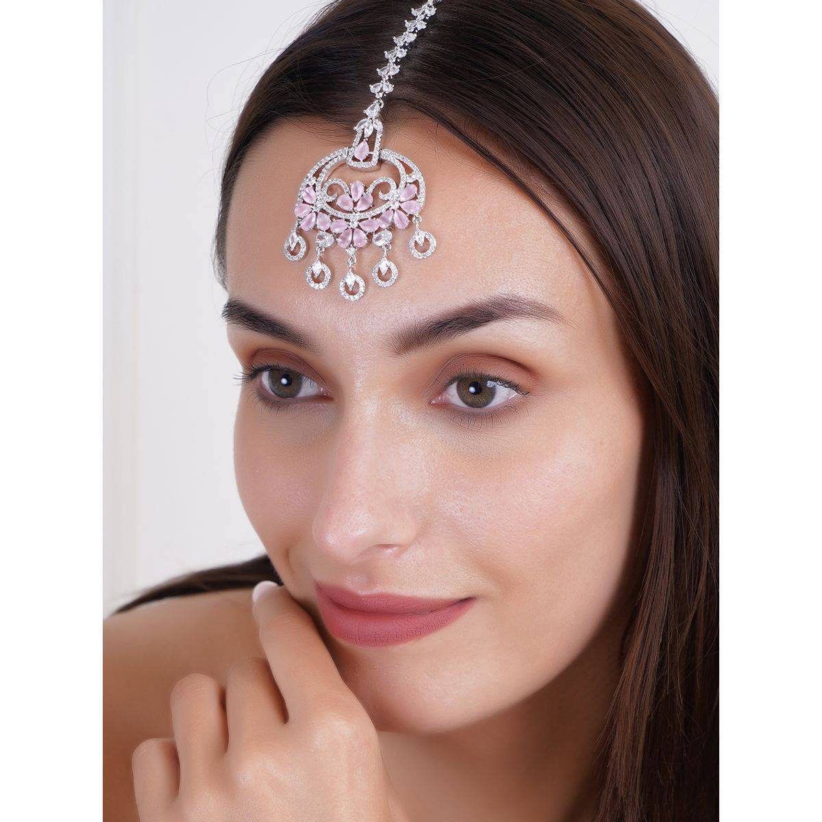 Adwitiya Women Leaf Flower Design Ad Baby Pink Crystal Stone Maang Tikka