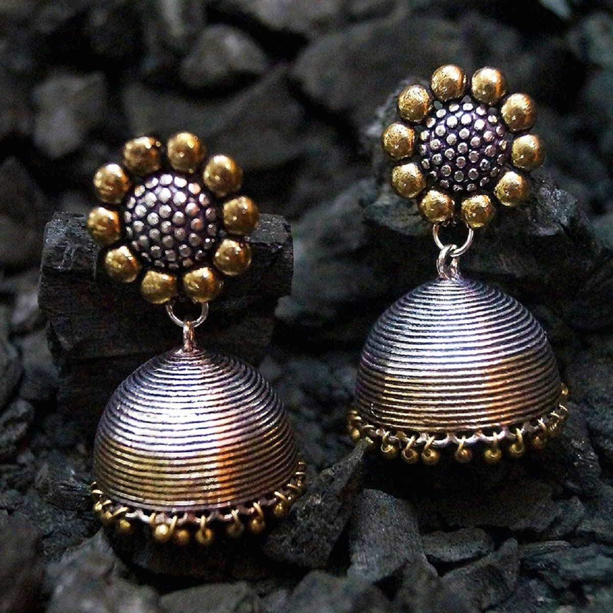 Fabula German Oxidised Silver & Gold Dual Tone Ethnic Large Jhumka/jhumki Earrings