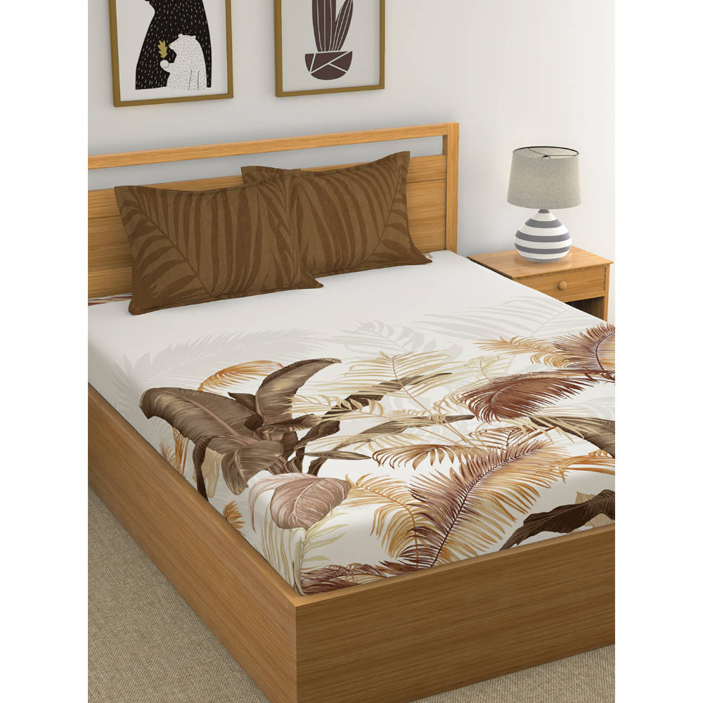 GM White Brown Floral 180 TC Cotton Queen Bedsheet with 2 Pillow Covers