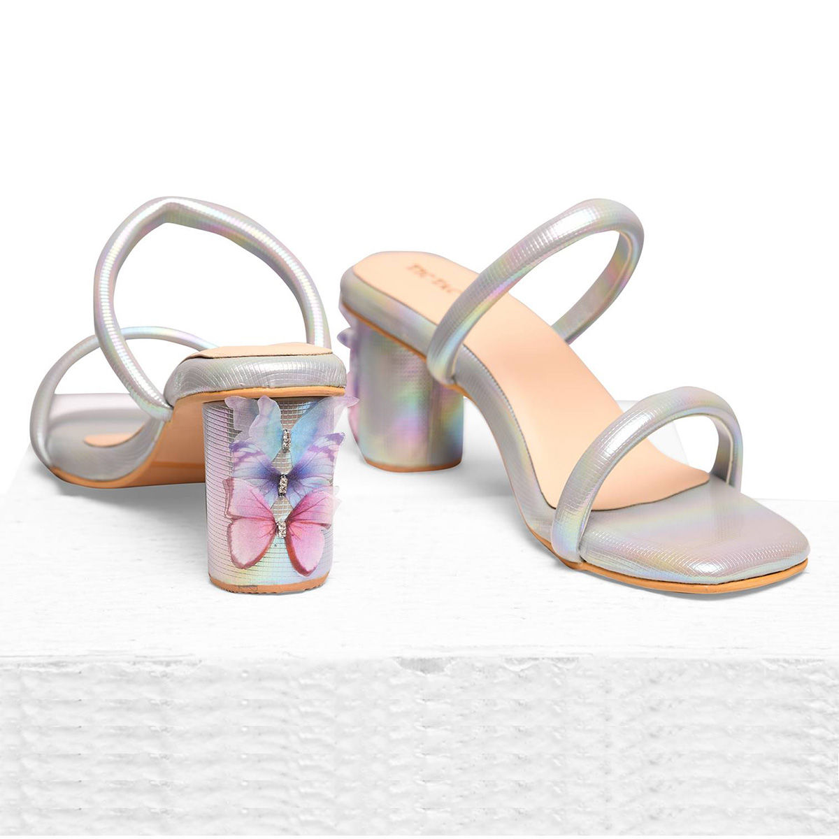 Tic Tac Toe Grey Rainbow Butterfly 2 Strap Block Heels EURO 38