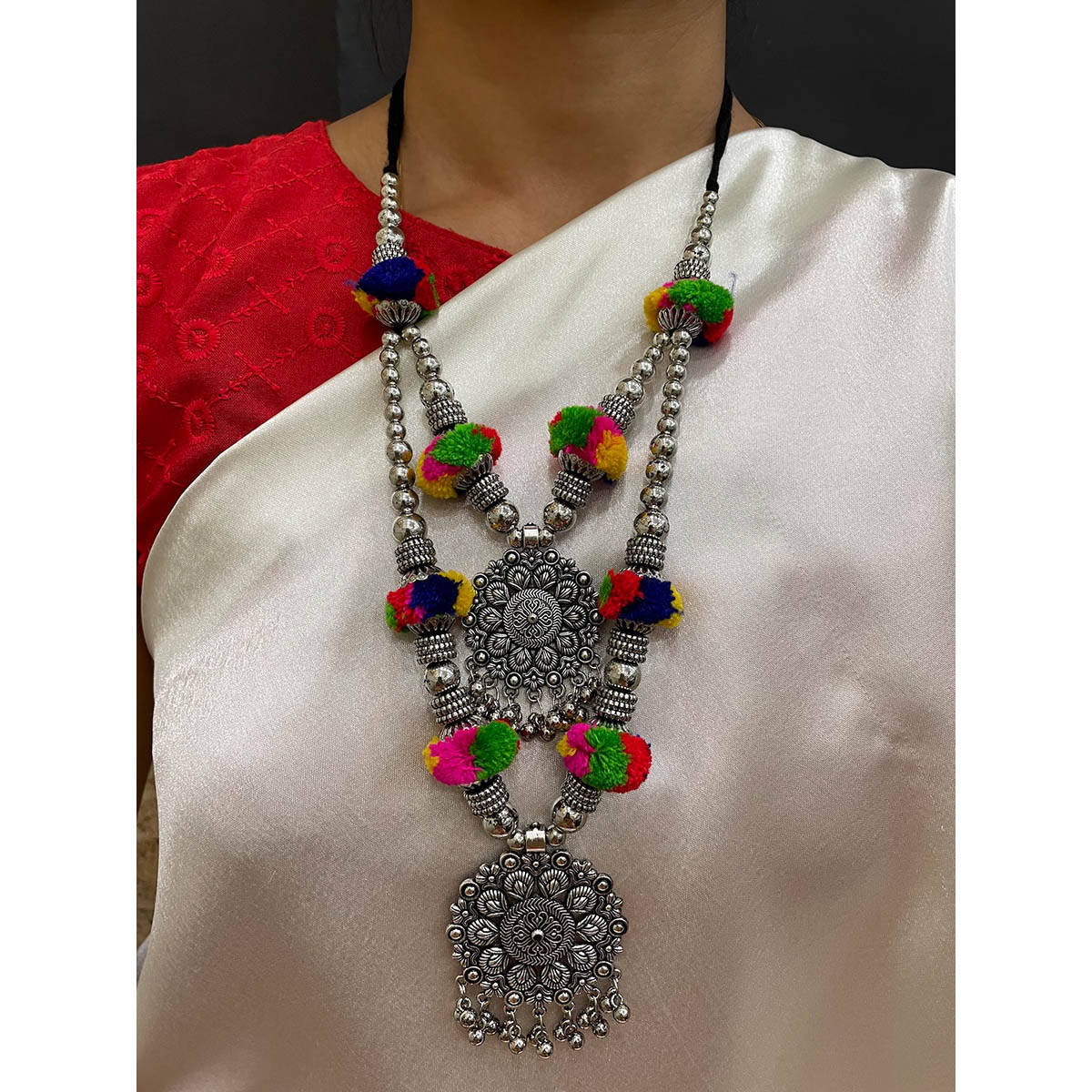 Digital Dress Room Banjara Oxidized Silver Pom Pom and Floral Layered Jewellery Set
