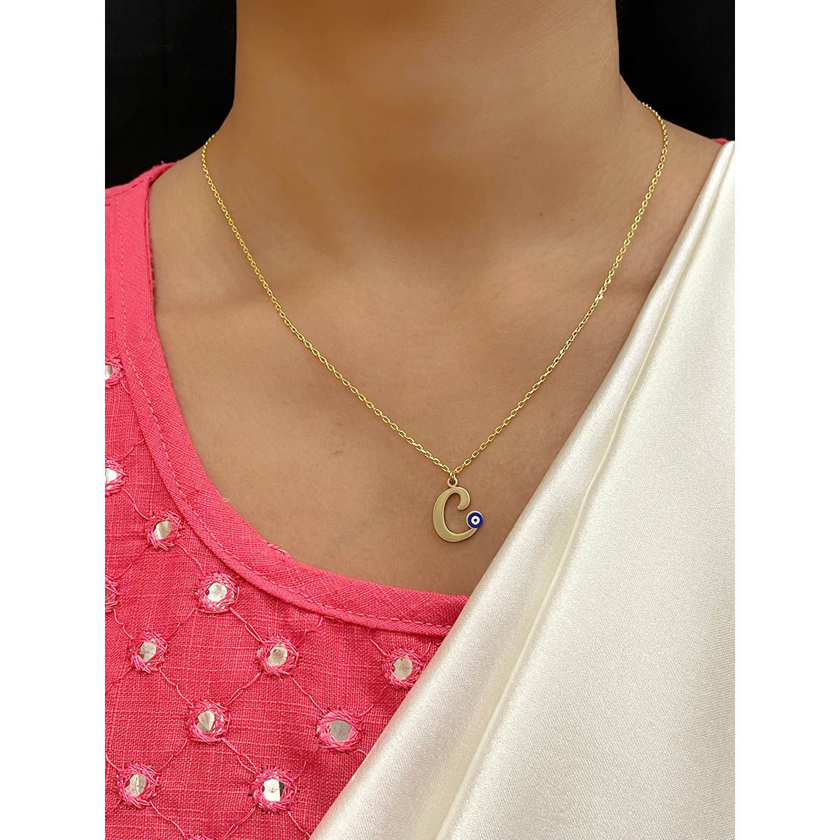 Buy Digital Dress Room Letter 'c Blue Evil Eye Name Necklace Gold