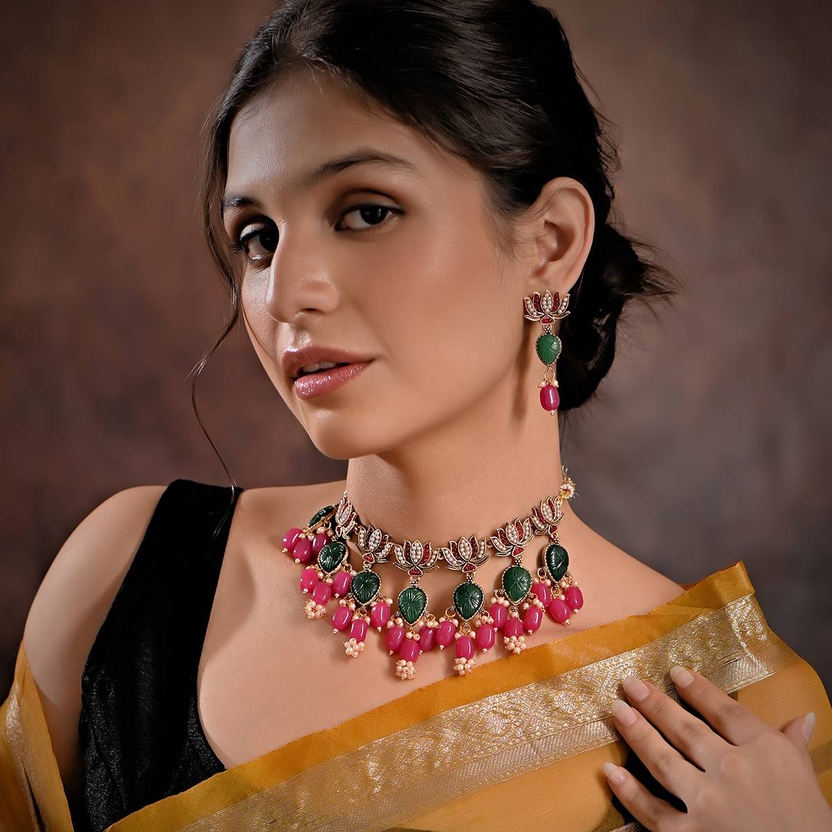 Fida Ethnic Multicolour Gold Plated Pearl Choker Jewellery Set For Women