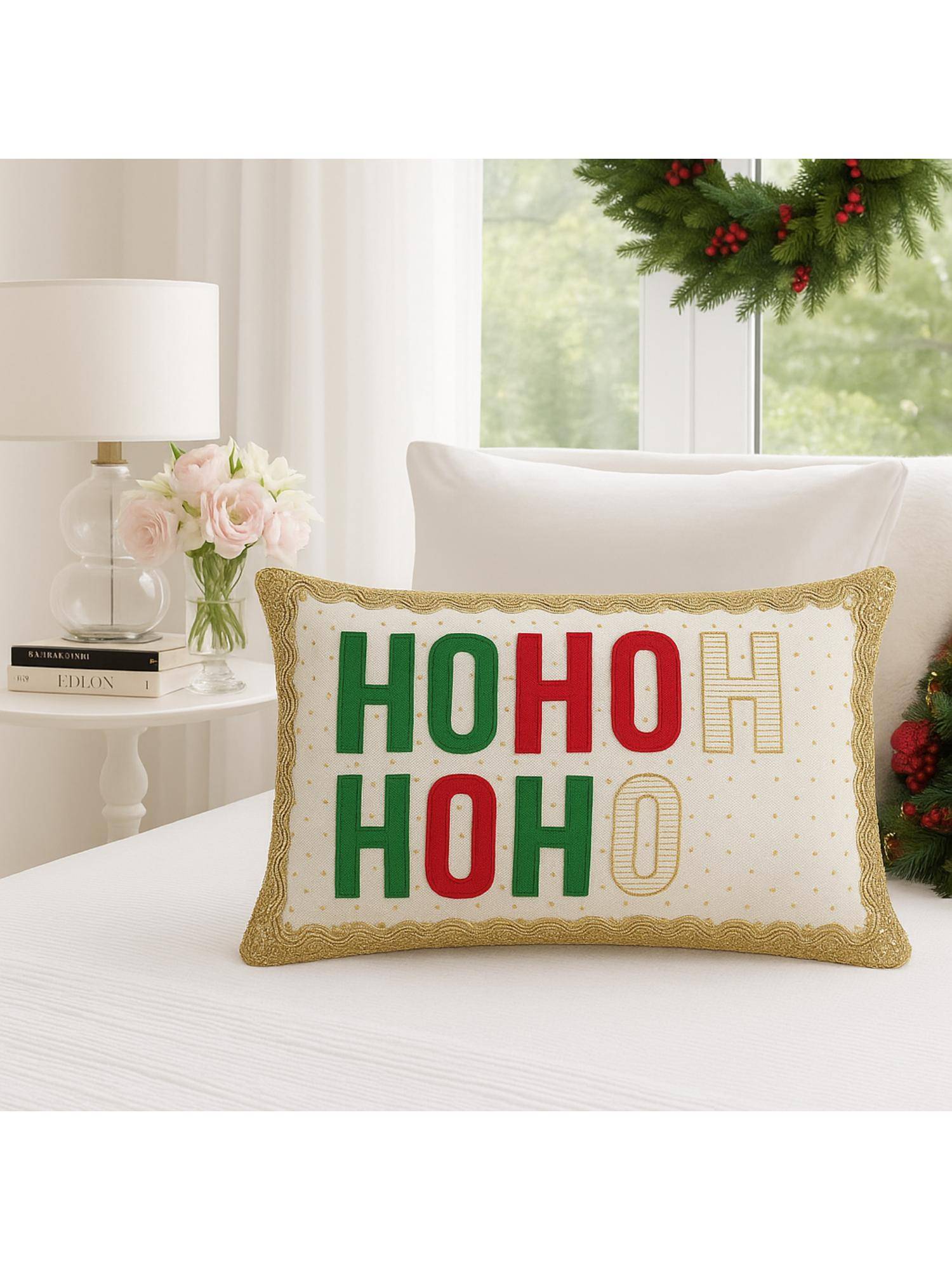 THROW PILLOW Ho Ho Ho Sequin Holiday Printed Cushion Cover (12x18 Inches)