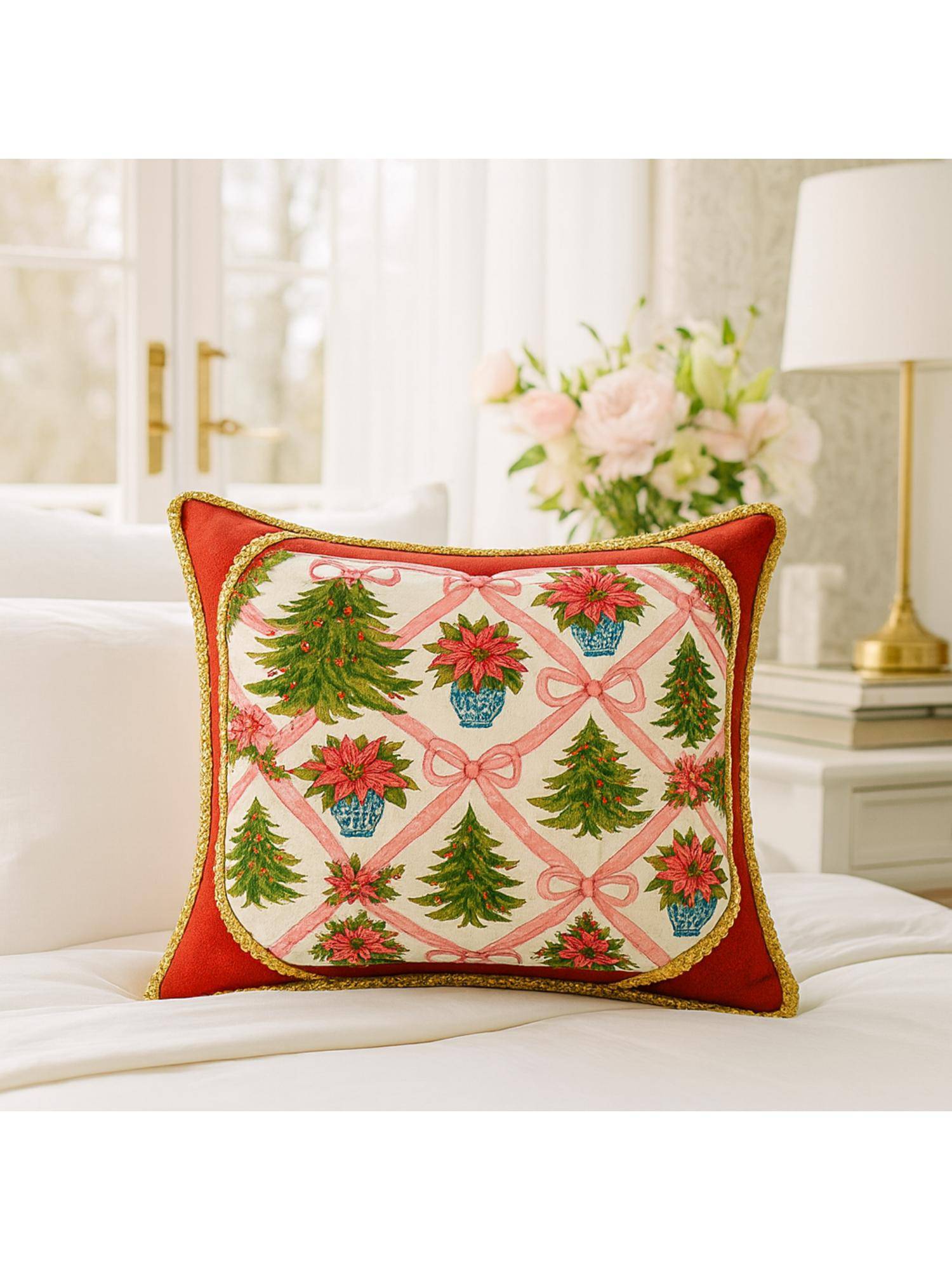 THROW PILLOW Luxury Printed Red Gold Sequin Trim Cushion Cover (16X16 Inches)