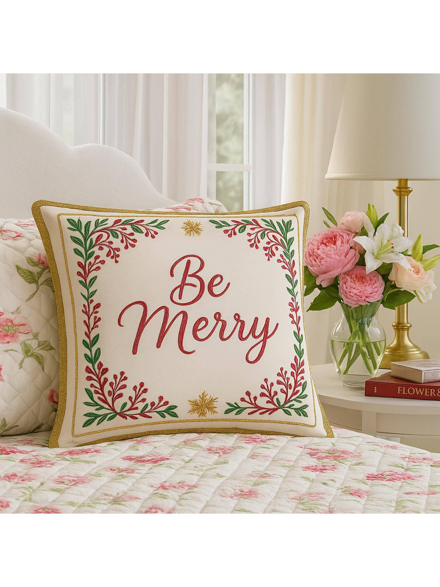 THROW PILLOW Be Merry Holiday Golden Fringe Cushion Cover (16X16 Inches)